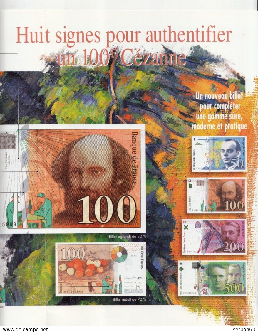 DÉPLIANT PRÉSENTATION 2 VOLETS NOUVEAU BILLET DE 100 FRANCS CEZANNE DOCUMENTATION BANQUE DE FRANCE Serbon63 - Fictifs & Spécimens