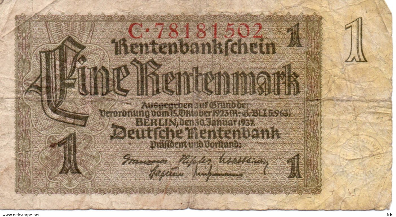 Germany 1 Rentenmark 1937 Circulated - Sonstige & Ohne Zuordnung