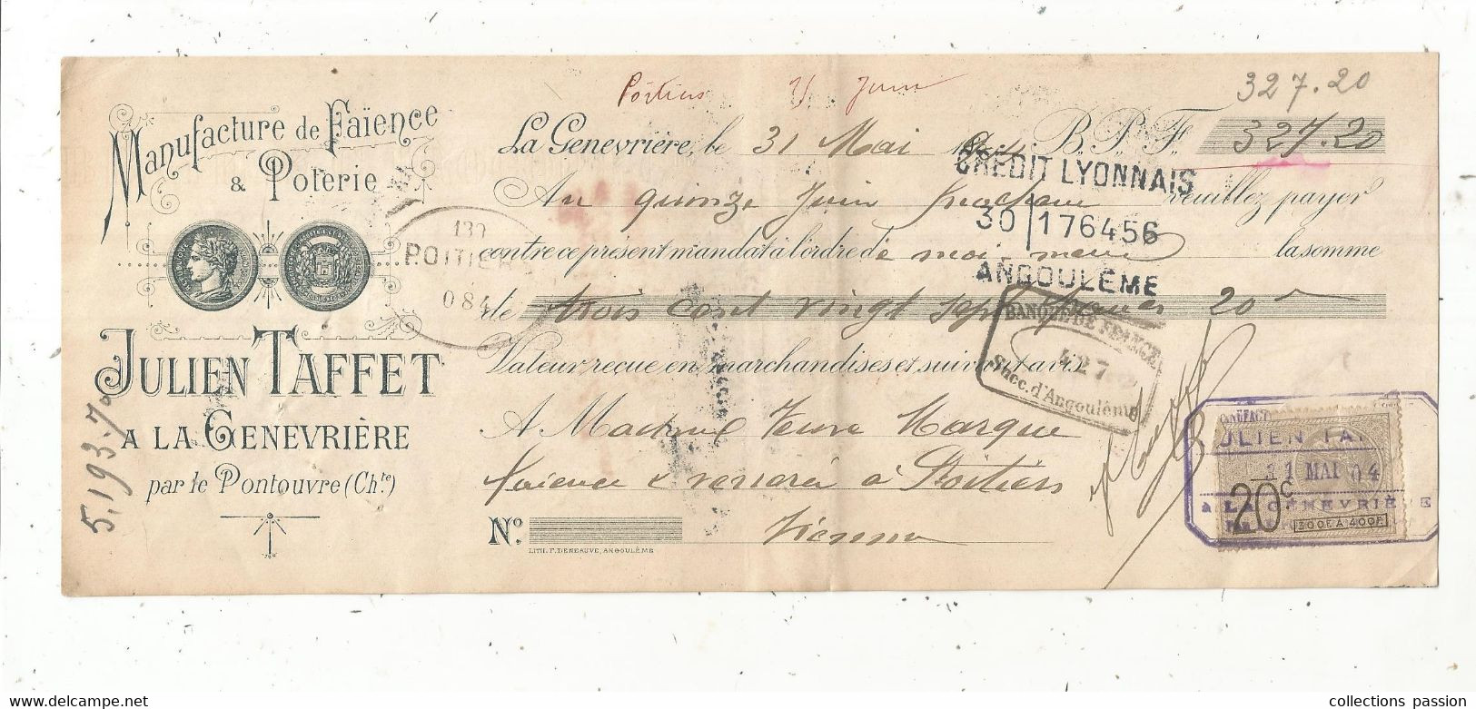 Lettre De Change 1904, Manufacture De FaÏence & Poterie J. Taffet à La GENEVRIERE Par Le Poutouvre, 16, Frais Fr 1.75 E - Lettres De Change