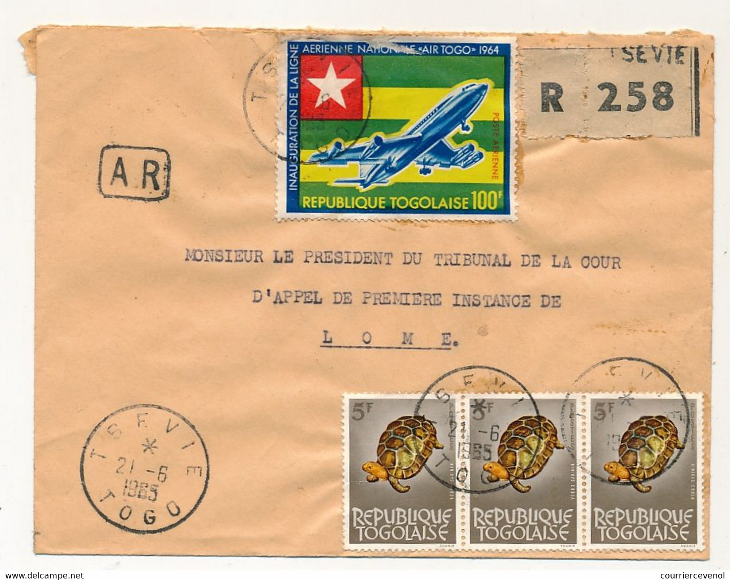 TOGO - Env. Affr Composé Dont 100f Avion (défectueux) Recommandée A.R. De TSEVIE 21/6/1985 - Togo (1960-...)