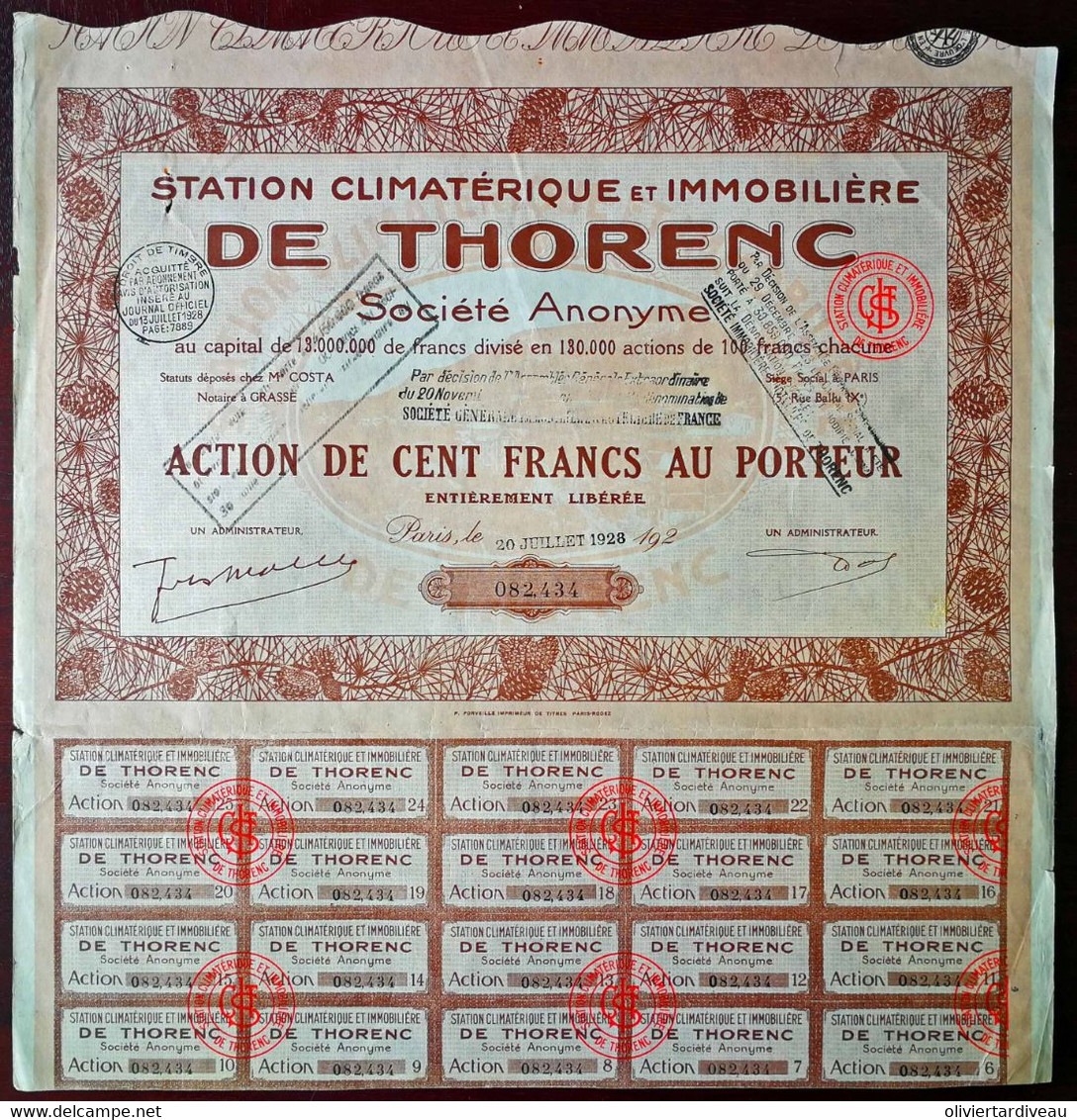 Station Climatérique Et Immobilière De Thorenc, Action De 100 Francs De 1928 - Turismo