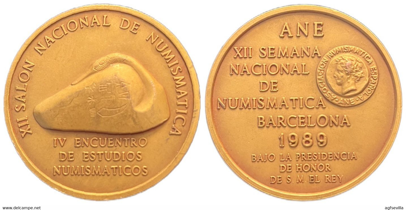 ESPAÑA. MEDALLA XII SALÓN NACIONAL DE NUMISMÁTICA. BARCELONA 1.989. BRONCE DORADO. ESPAGNE. SPAIN MEDAL - Profesionales/De Sociedad