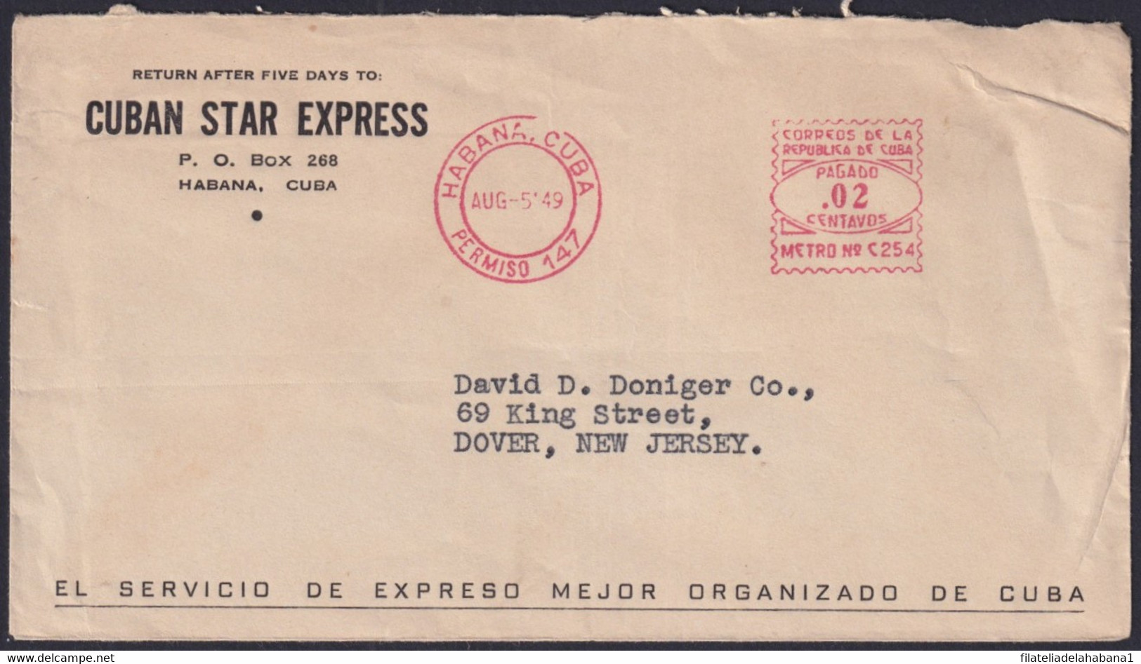 FM-130 CUBA REPUBLICA 1949 PITNEY BOWES FRANQUEO MECANICO PERMISO 147 CUBAN STAR EXPRESS. - Automatenmarken (Frama)