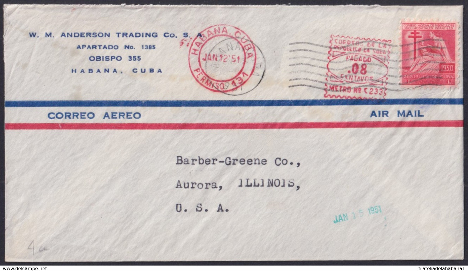 FM-131 CUBA REPUBLICA 1951 PITNEY BOWES FRANQUEO MECANICO PERMISO 131 W.M. ANDERSON TRADING - Viñetas De Franqueo (Frama)