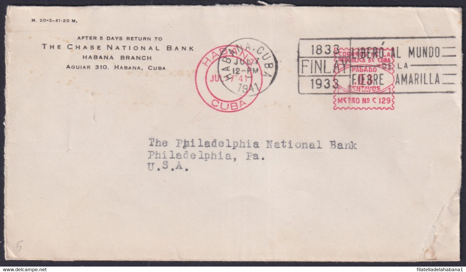 FM-132 CUBA REPUBLICA 1941 PITNEY BOWES FRANQUEO MECANICO PERMISO 129 CHASE NATIONAL BANK. - Vignettes D'affranchissement (Frama)