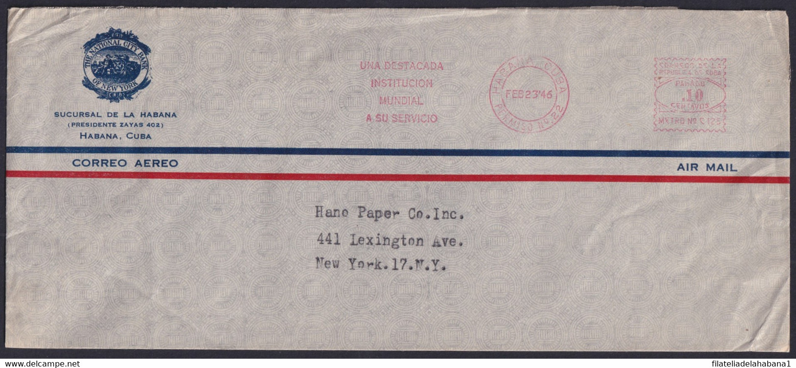 FM-134 CUBA REPUBLICA LG2146 1946 PITNEY BOWES FRANQUEO MECANICO PERMISO 22 CHASE NATIONAL CITY BANK. - Vignettes D'affranchissement (Frama)