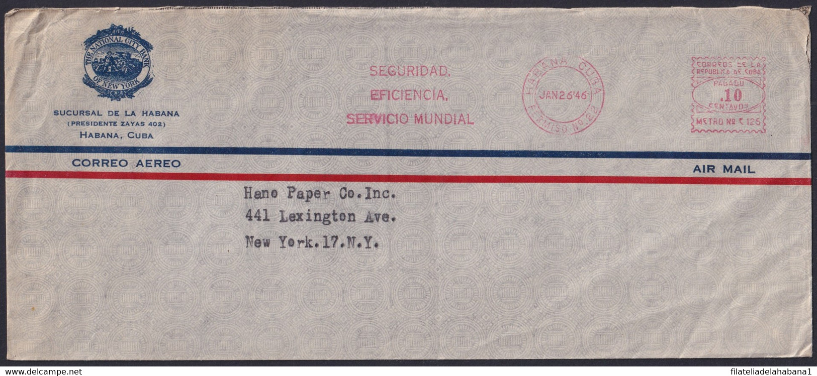 FM-136 CUBA REPUBLICA LG2148 1946 PITNEY BOWES FRANQUEO MECANICO PERMISO 22 CHASE NATIONAL CITY BANK. - Franking Labels