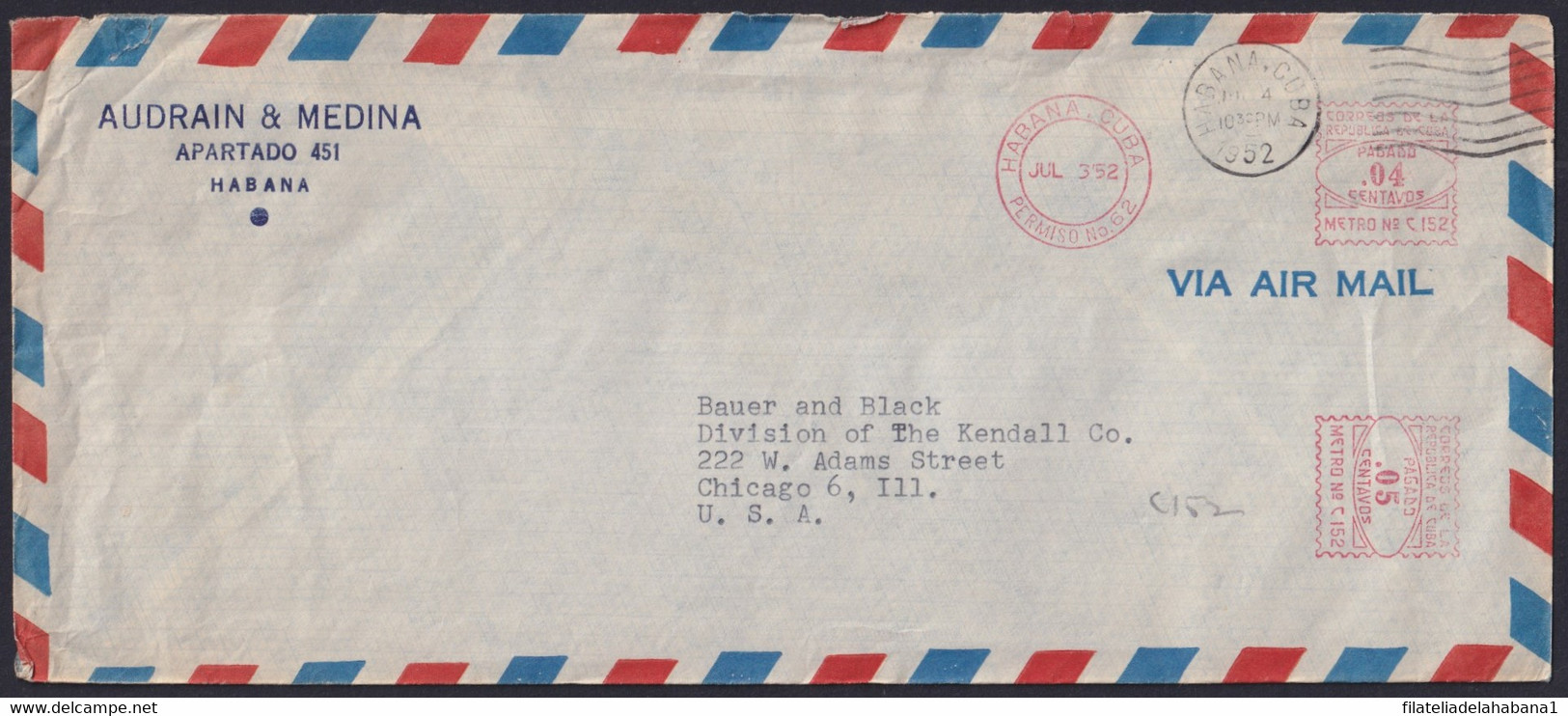 FM-137 CUBA REPUBLICA LG2149 1952 PITNEY BOWES FRANQUEO MECANICO PERMISO 62 AUDRAIN & MEDINA. - Franking Labels