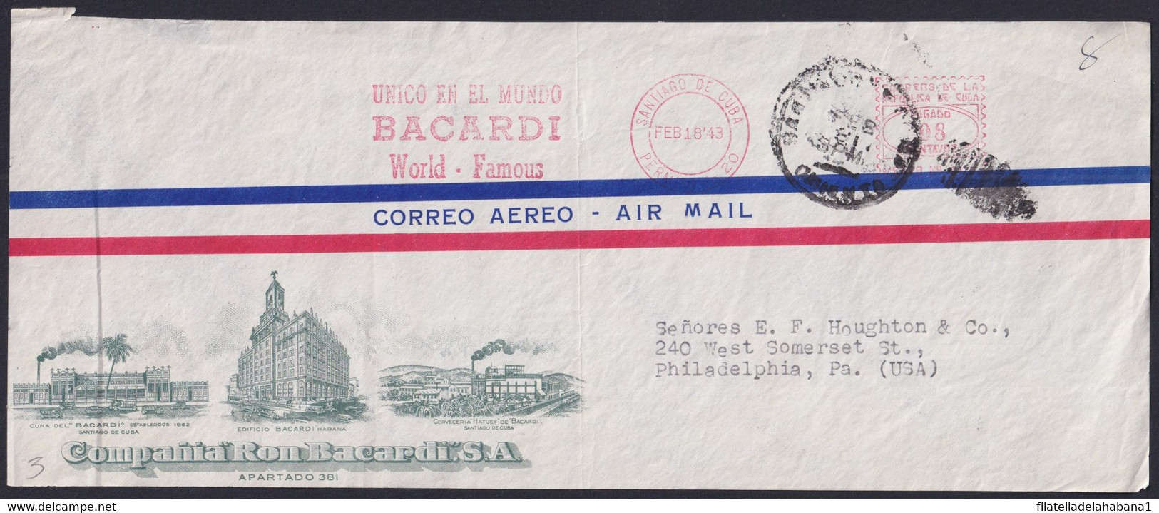 FM-139 CUBA LG2151 1943 FRONT COVER PITNEY BOWES PERMISO 20 RON BACARDI. - Viñetas De Franqueo (Frama)