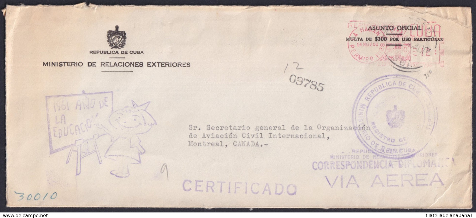 FM-141 CUBA LG2153 1961 PITNEY BOWES DIPLOMATIC COVER PERMISO 1029 MINREX EDUCATION SPECIAL CANCEL. - Franking Labels