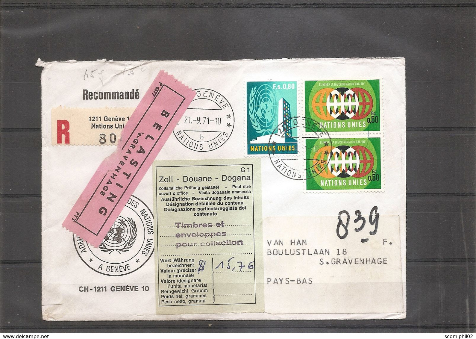 Nations Unies - Genève ( Lettre Recommandée De 1971 De Genève  Vers Les Pays-Bas à Voir) - Covers & Documents