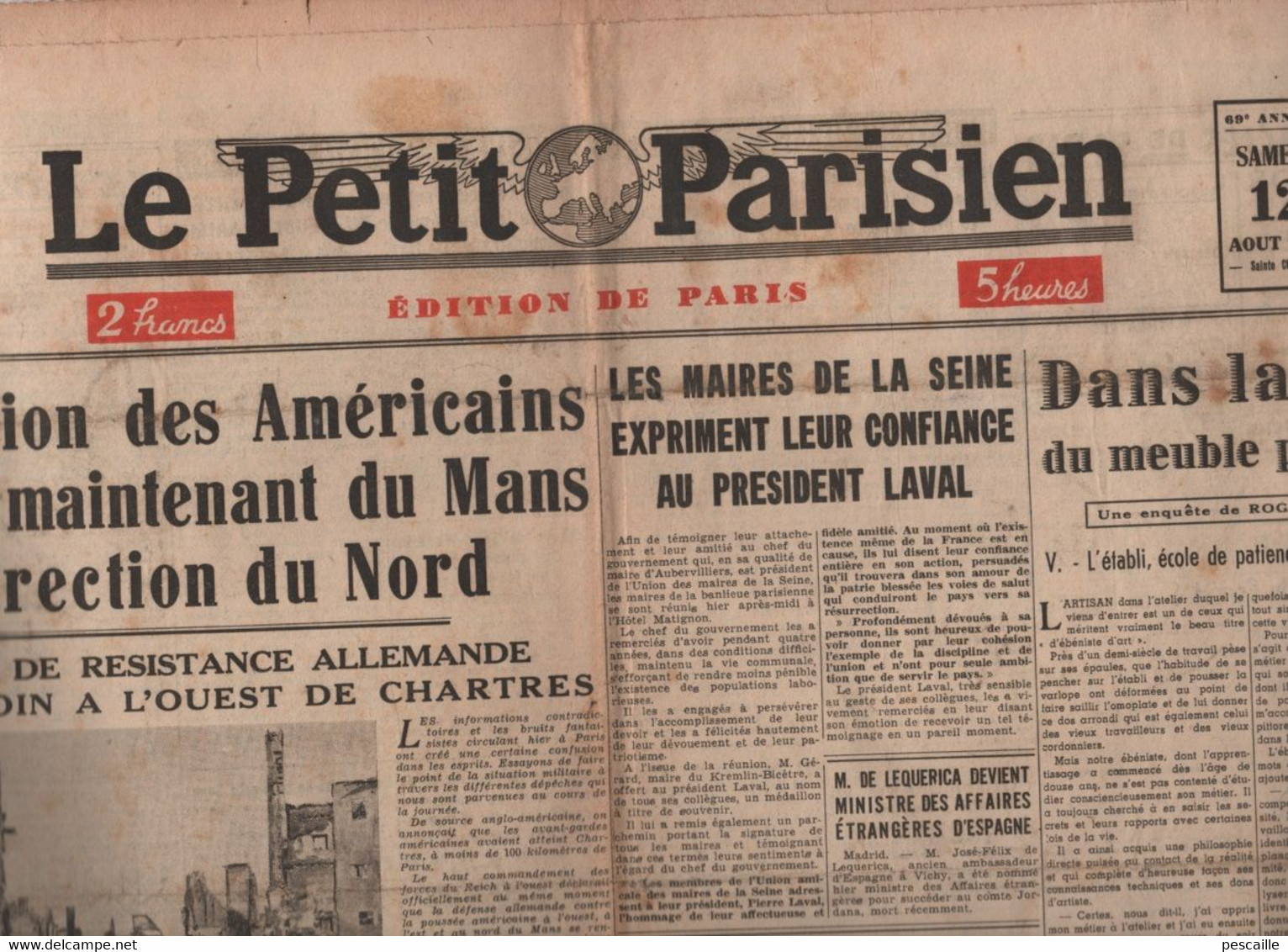 LE PETIT PARISIEN 12 08 1944 - NORMANDIE - LE MANS - STRASBOURG - VARSOVIE - MAIRES DE LA SEINE LAVAL - ABEILLES - - Le Petit Parisien