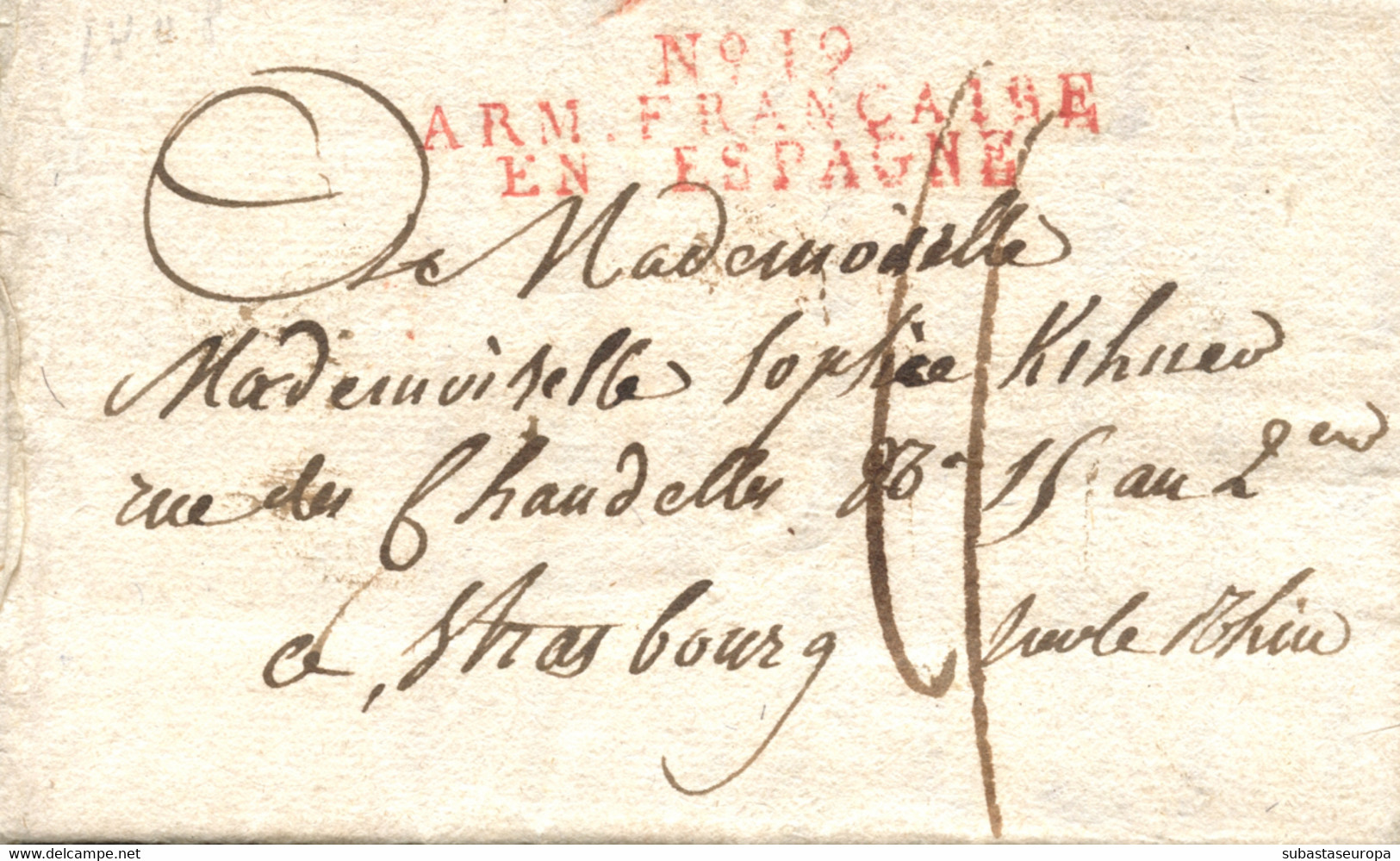 1808. Carta De Madrid A Francia. Marca "Nº 19 / ARM. FRANÇAISE / EN ESPAGNE" (IX-129) En Rojo. Única Conocida Con Origen - 1801-1848: Precursores XIX