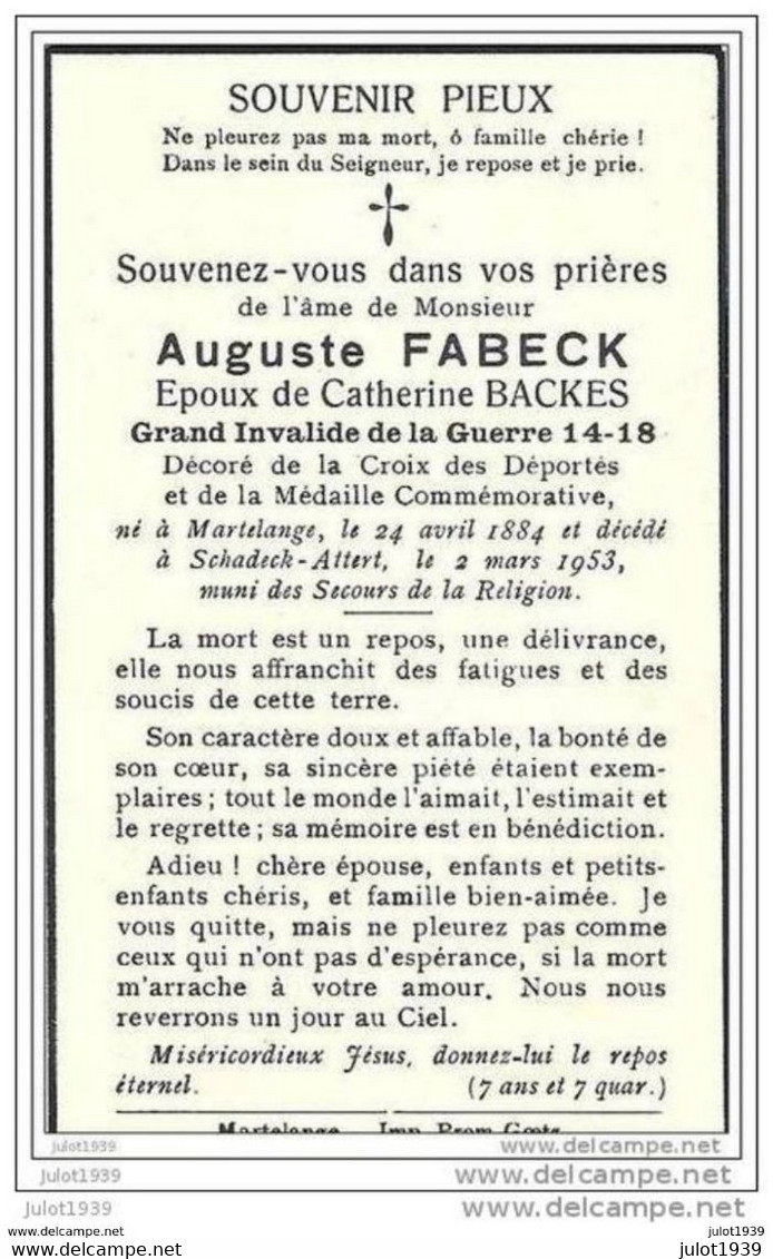 MARTELANGE ..-- Mr Auguste FABECK , époux De Mme Catherine BACKES . Né En 1884 . Décédé à SCHADECK En 1953 . - Martelange