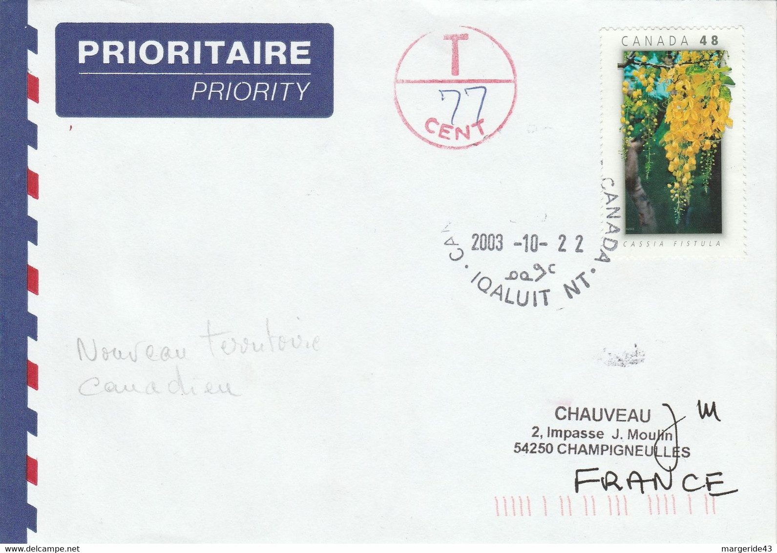 CANADA SEUL SUR LETTRE DU NOUVEAU TERRITOIRE DE IQALUIT 2003 - Storia Postale