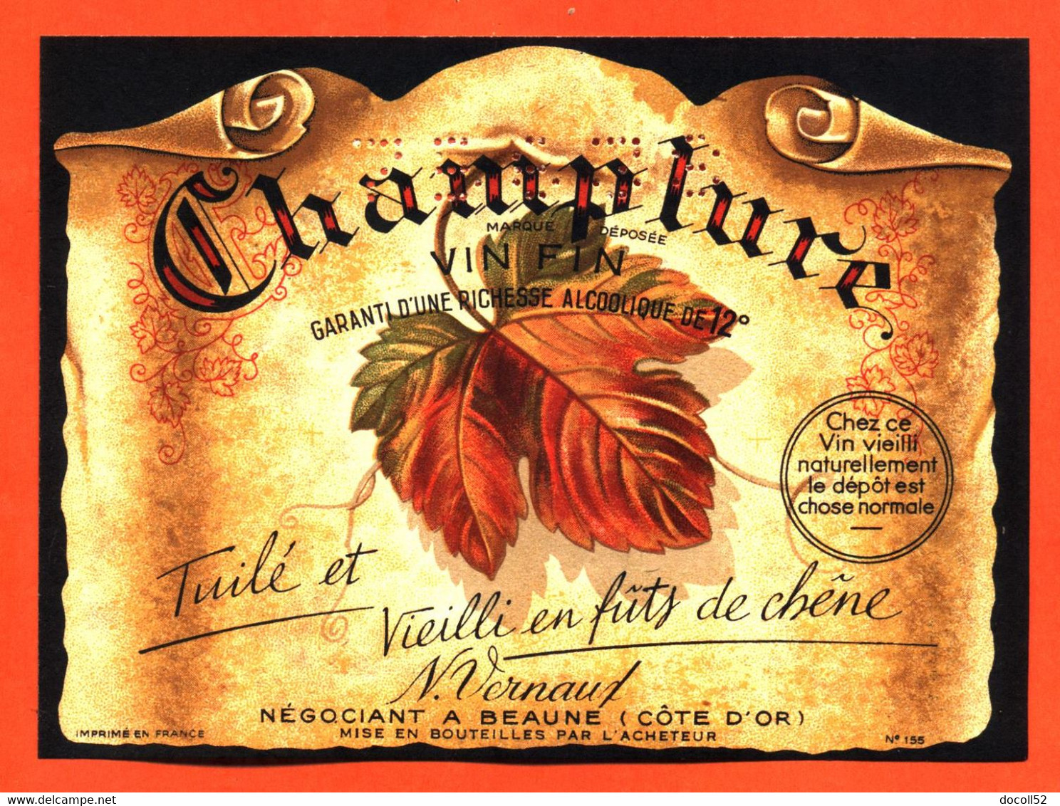Etiquette Ancienne Neuve De Vin Tuilé Champlure Noémie Vernaut à Beaune - 75 Cl - Languedoc-Roussillon