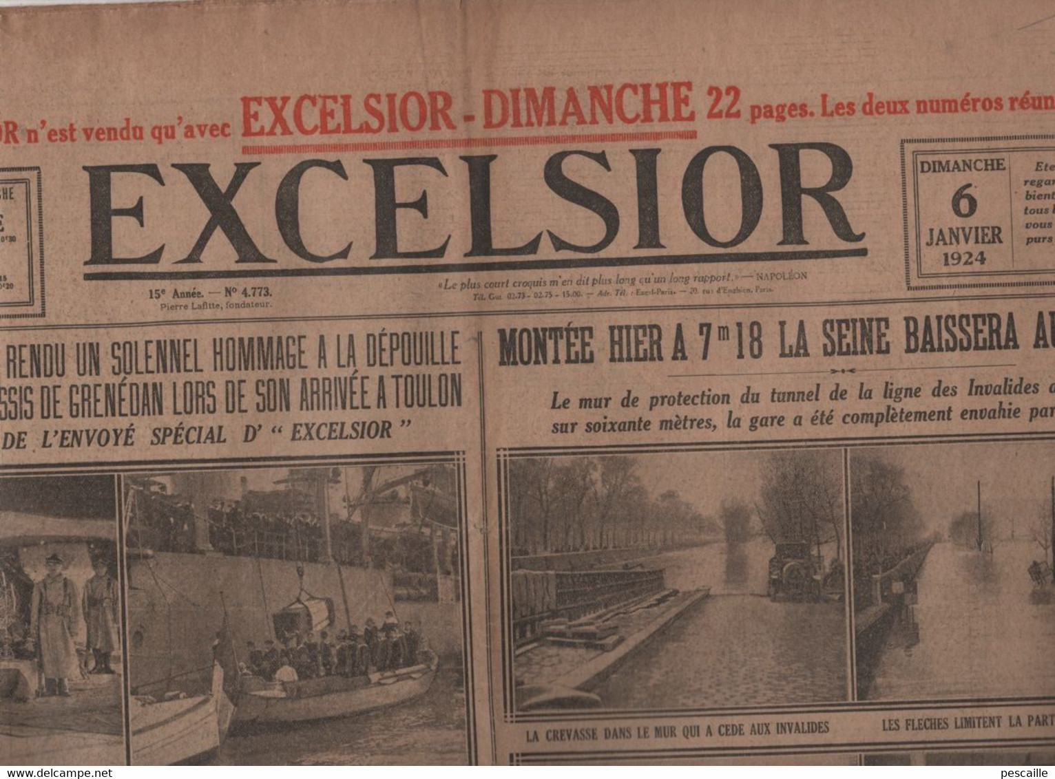 L'EXCELSIOR 6 1 1924 - PARIS CLICHY IVRY MAISONS ALFORT INONDATIONS - TOULON OBSEQUES Ct DU PLESSIS DE GRENEDAN DIXMUDE - Informaciones Generales