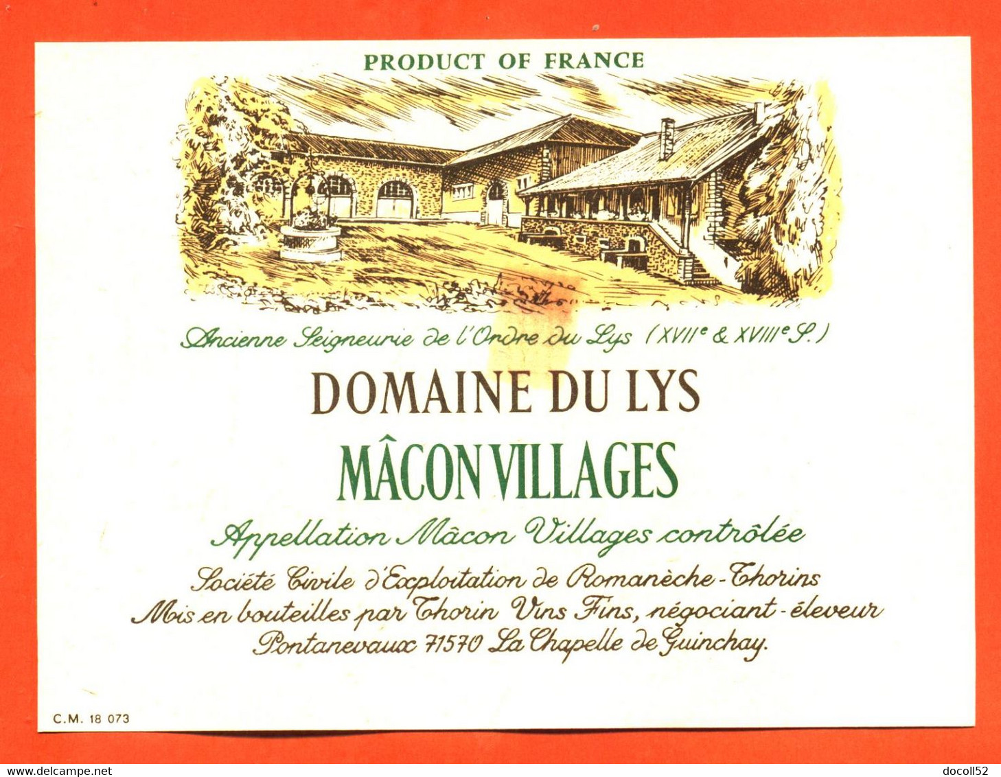 Etiquette Neuve De Vin Macon Villages Domaine Du Lys Thorin à La Chapelle De Guinchay - 75 Cl - Beaujolais