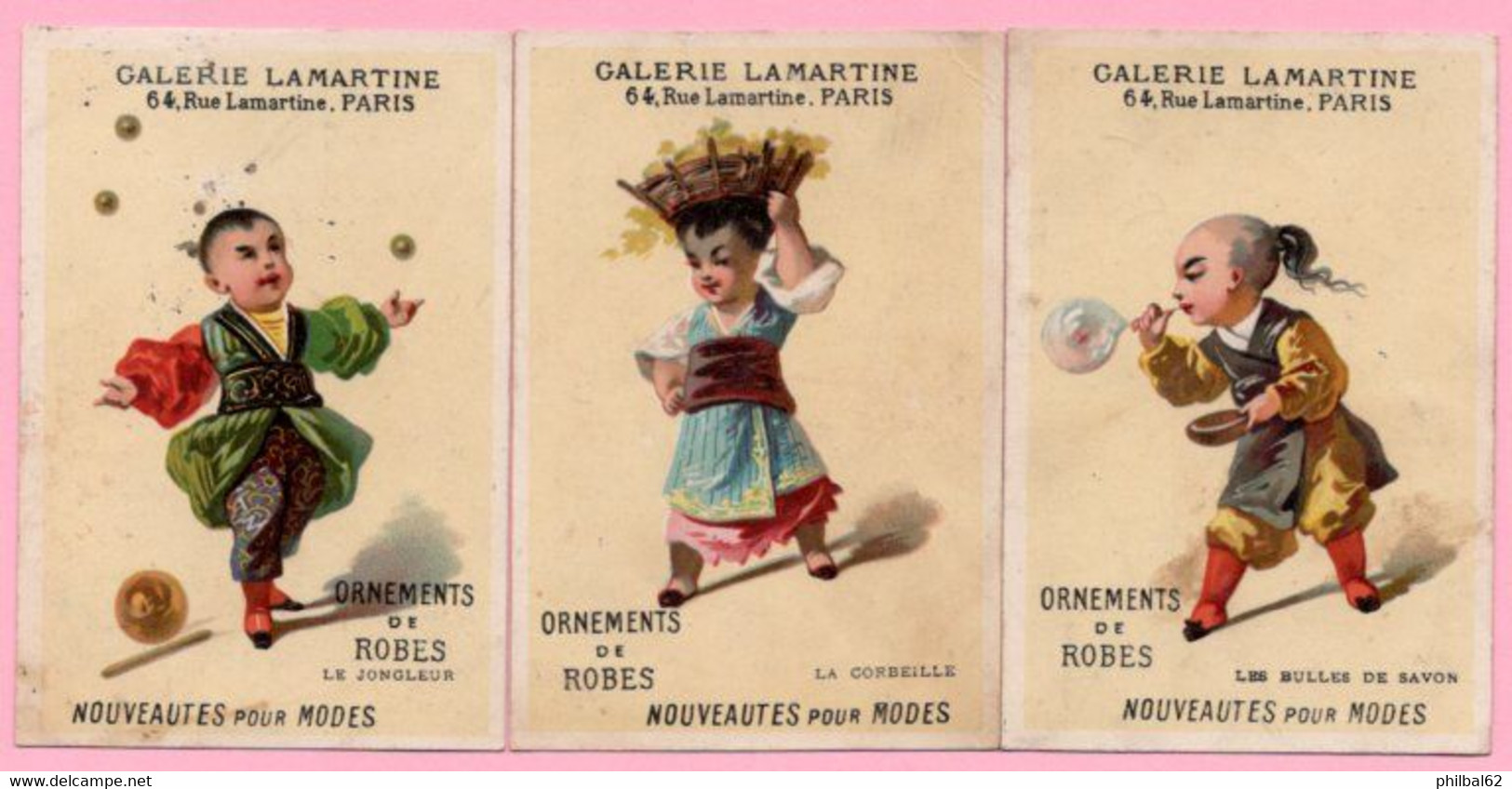 3 Chromos Galerie Lamartine, Mercerie, Ganterie, Ornements De Robes. Le Jongleur, La Corbeille, Les Bulles De Savon. - Lu
