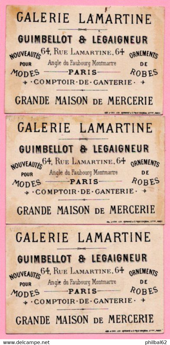 3 Chromos Galerie Lamartine, Mercerie, Ganterie, Ornements De Robes. Le Jongleur, La Corbeille, Les Bulles De Savon. - Lu