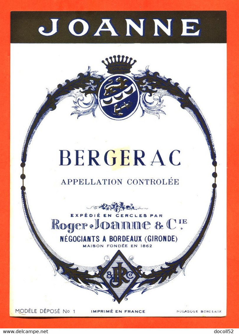 Etiquette Ancienne Neuve De Vin De Bergerac Roger Joanne à Bordeaux - 75 Cl - Bergerac