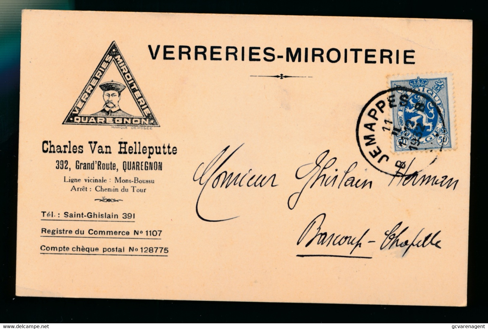 GELE BRIEFKAART RECLAME - QUAREGNON  CHARLES VAN HELLEPUTTE  - VERRERIES MIROITERERIE        2  SCANS - Quaregnon