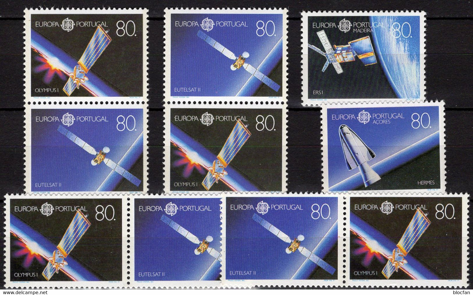 EU-Raumfahrt 1991 Portugal 1862/3+4 Paare ** 45€ Fernseh-Satellit EUTELSAT/Olympus In Bl.78 Bloc Space Se-tenant Bf CEPT - Collections