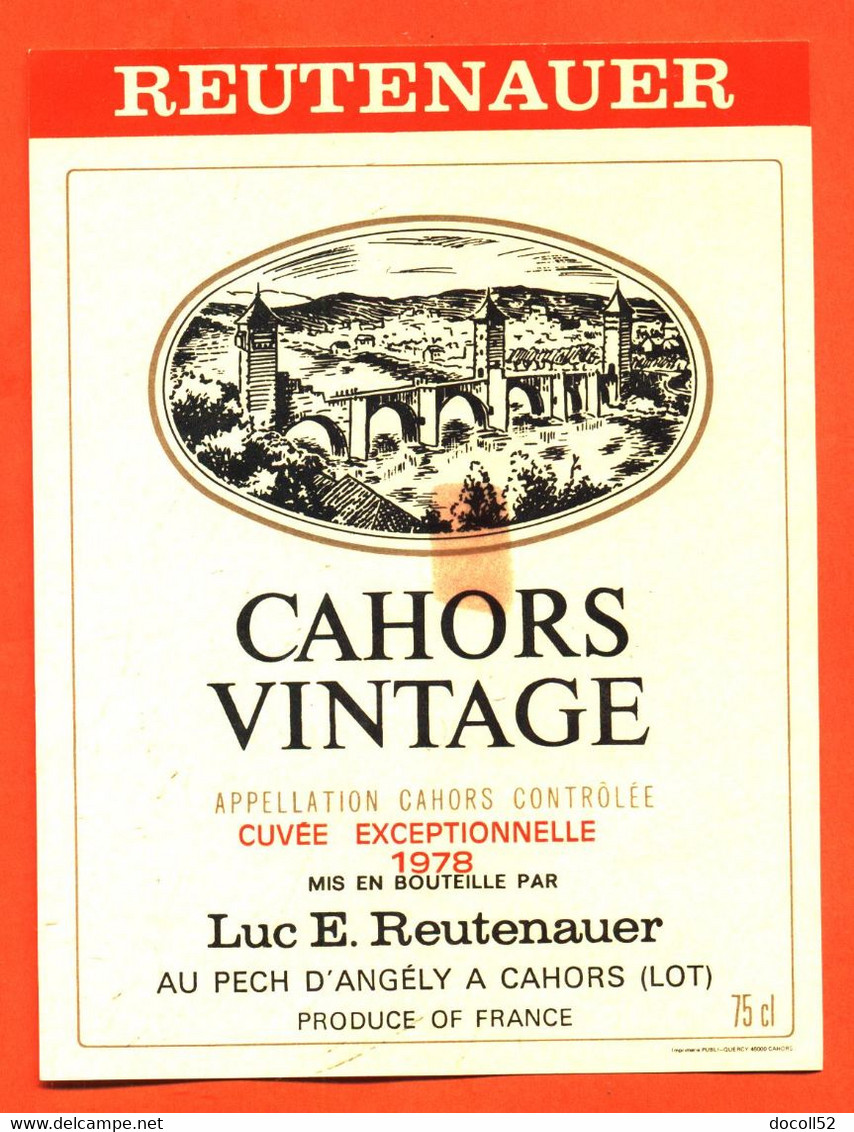 Etiquette Neuve De Vin De Cahors Vintage 1978 Luc E Reutenauer à Le Pech D'angély - 75 Cl - Cahors