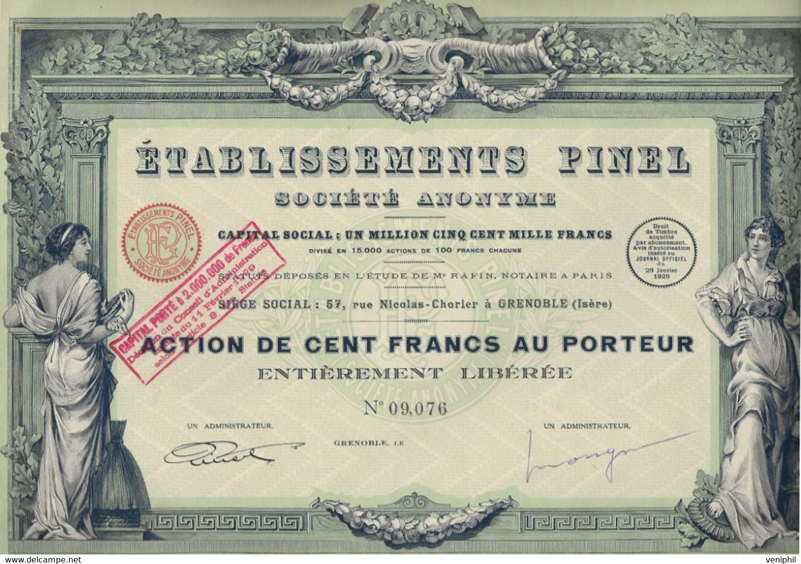 ETABLISSEMENT PINEL -GRENOBLE-TRES BELLE ACTION ILLUSTREE DE 100 FRS - ANNEE 1929 - Industrie