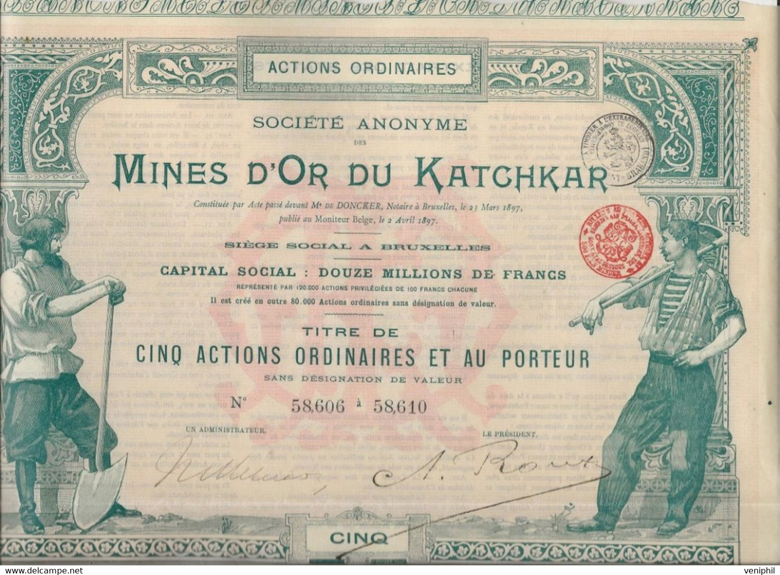 MINES D'OR DU KATCHKAR (ARMENIE RUSSIE ) TITRE DE CINQ ACTIONS ORDINAIRES -ANNEE 1897 - Mines