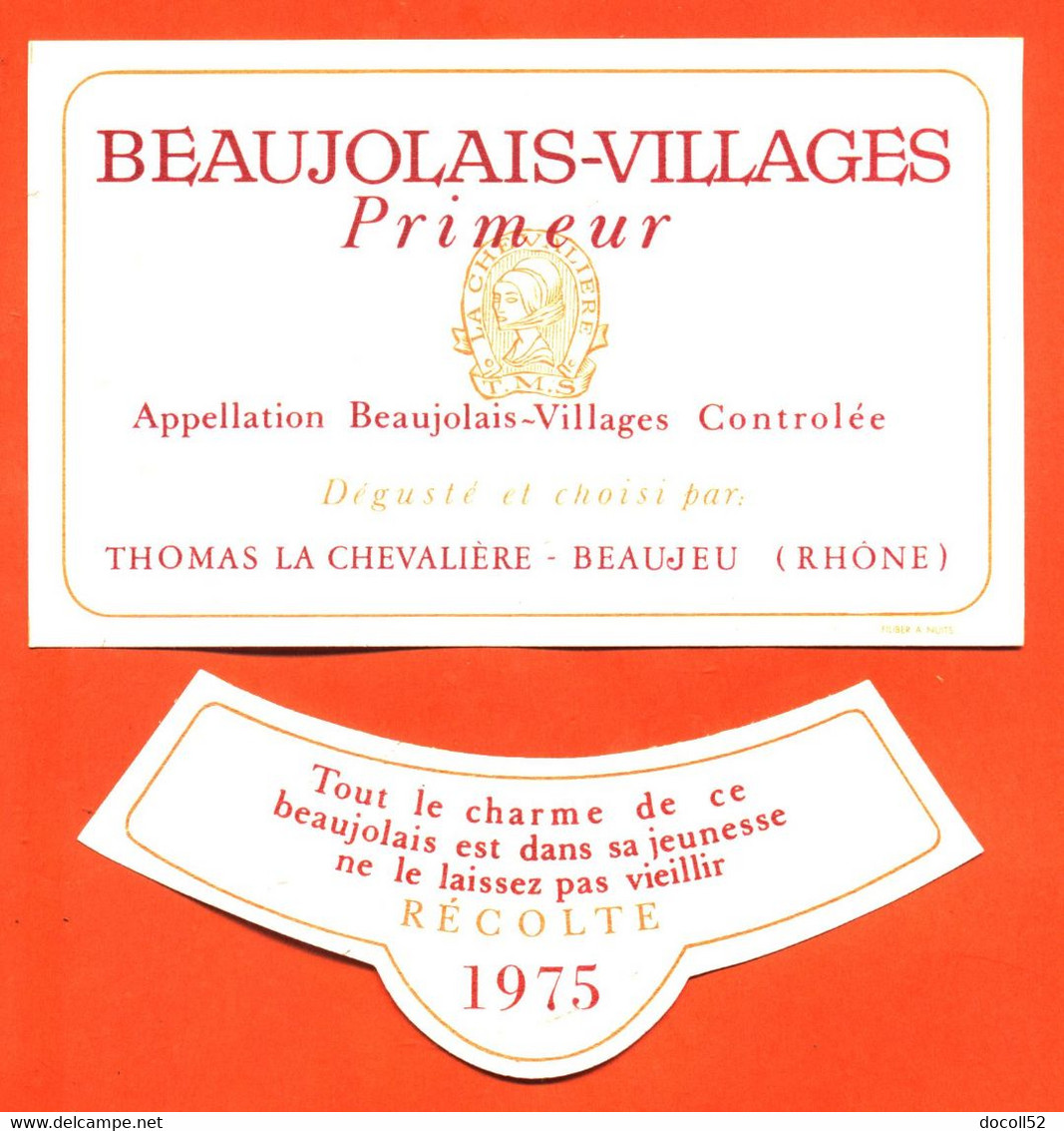 Etiquette + Collerette Neuve De Vin De Beaujolais Villages Primeur Récolte 1975 Thomas La Chevalière à Beaujeu - Beaujolais