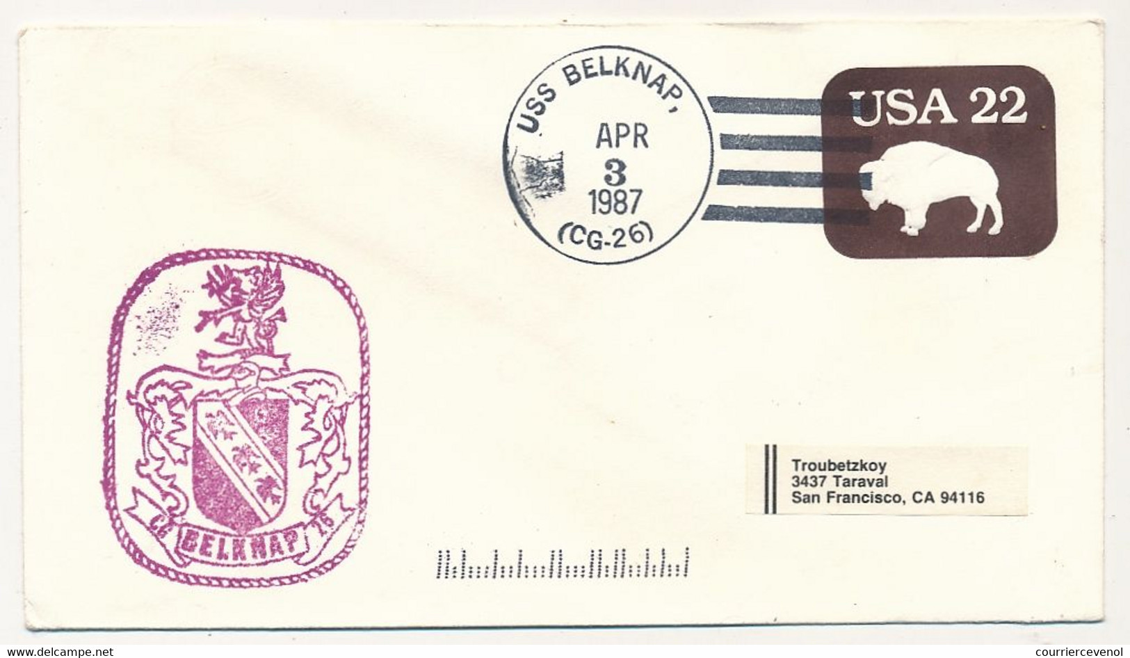 ETATS UNIS - Enveloppe Entier Postal 22c Bison - Obl USS BELKNAP (CG-26) - 3/4/1987 - 1981-00