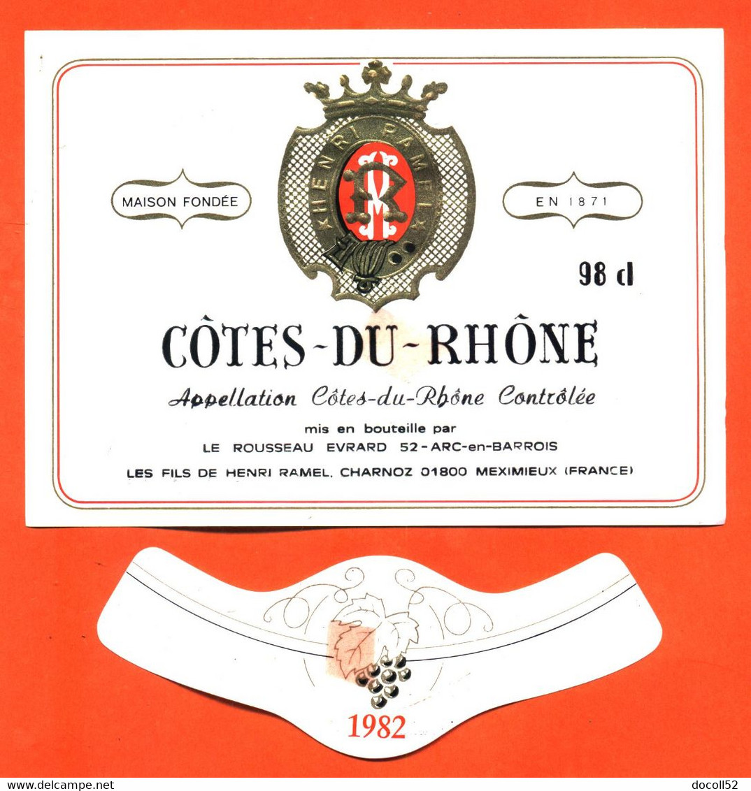 Etiquette + Collerette Neuve De Vin De Cotes Du Rhone 1982 Henri Ramel à Charnoz 01800 Meximieux - 98 Cl - Côtes Du Rhône
