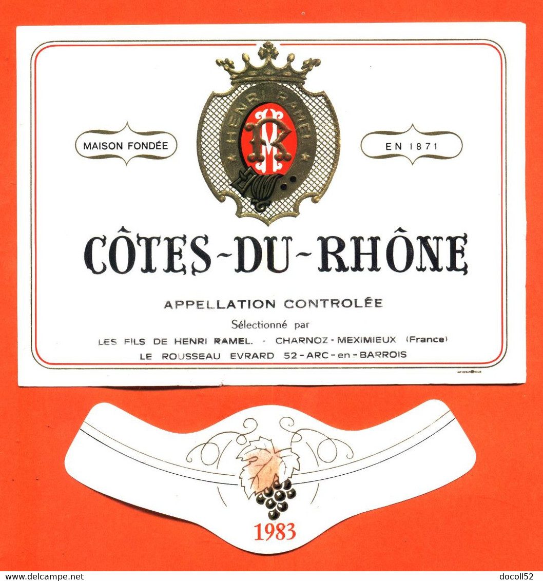 Etiquette + Collerette Neuve De Vin De Cotes Du Rhone 1983 Henri Ramel à Charnoz 01800 Meximieux - 74 Cl - Côtes Du Rhône