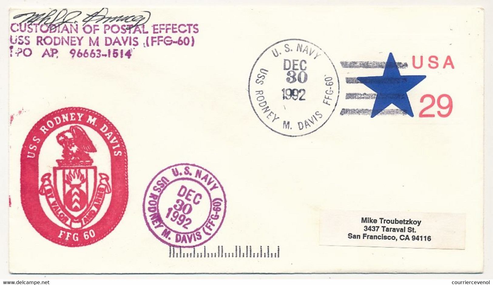 ETATS UNIS - Enveloppe Entier Postal 29c - Obl U.S. NAVY - USS RODNEY M.DAVIS FFG-60 - 30/12/1992 - 1981-00