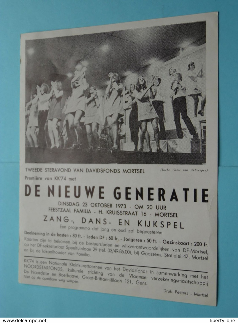 DE NIEUWE GENERATIE > Zang, Dans >>> 23 OKT 1973 > Feestzaal Familia MORTSEL ( Formaat 21 X 16,5 Cm. > Zie SCAN ) ! - Affiches & Posters