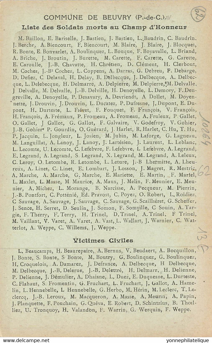 62 - PAS DE CALAIS - BEUVRY-GORRE - Monument Aux Morts - Voir Texte Scans Recto Et Verso - Superbe (10264) - Beuvry