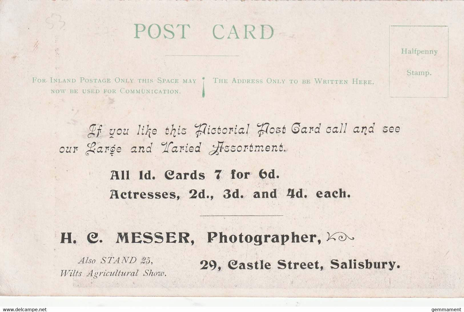 SALISBURY ADVERTISING CARD - H.C. MESSER, CASTLE STREET - Salisbury