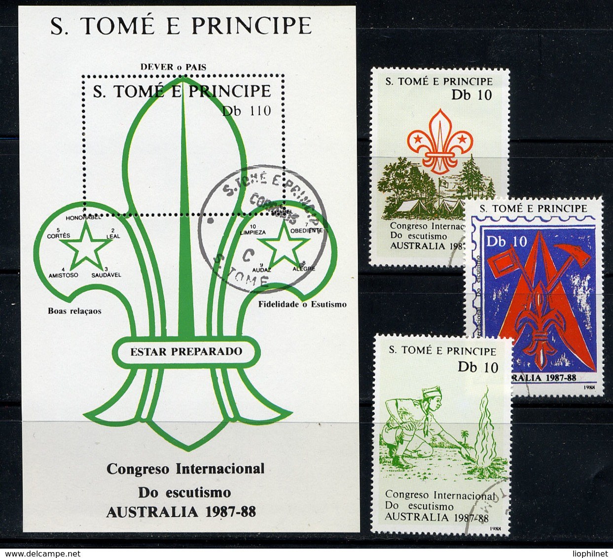 ST THOMAS ET PRINCE, SAO TOME E PRINCIPE 1988, SCOUTS AUSTRALIA 1987-88, 3 Valeurs Et 1 Bloc, Oblitérés / Used. R195 - Gebraucht