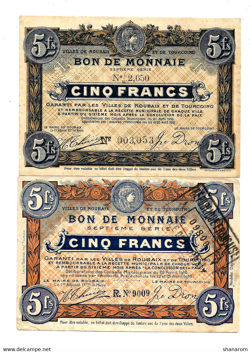 1914-1918 // VILLE DE ROUBAIX & DE TOURCOING (Nord 59) // Délibération 1916 // // 2 Bons De Cinq Francs - Bonos