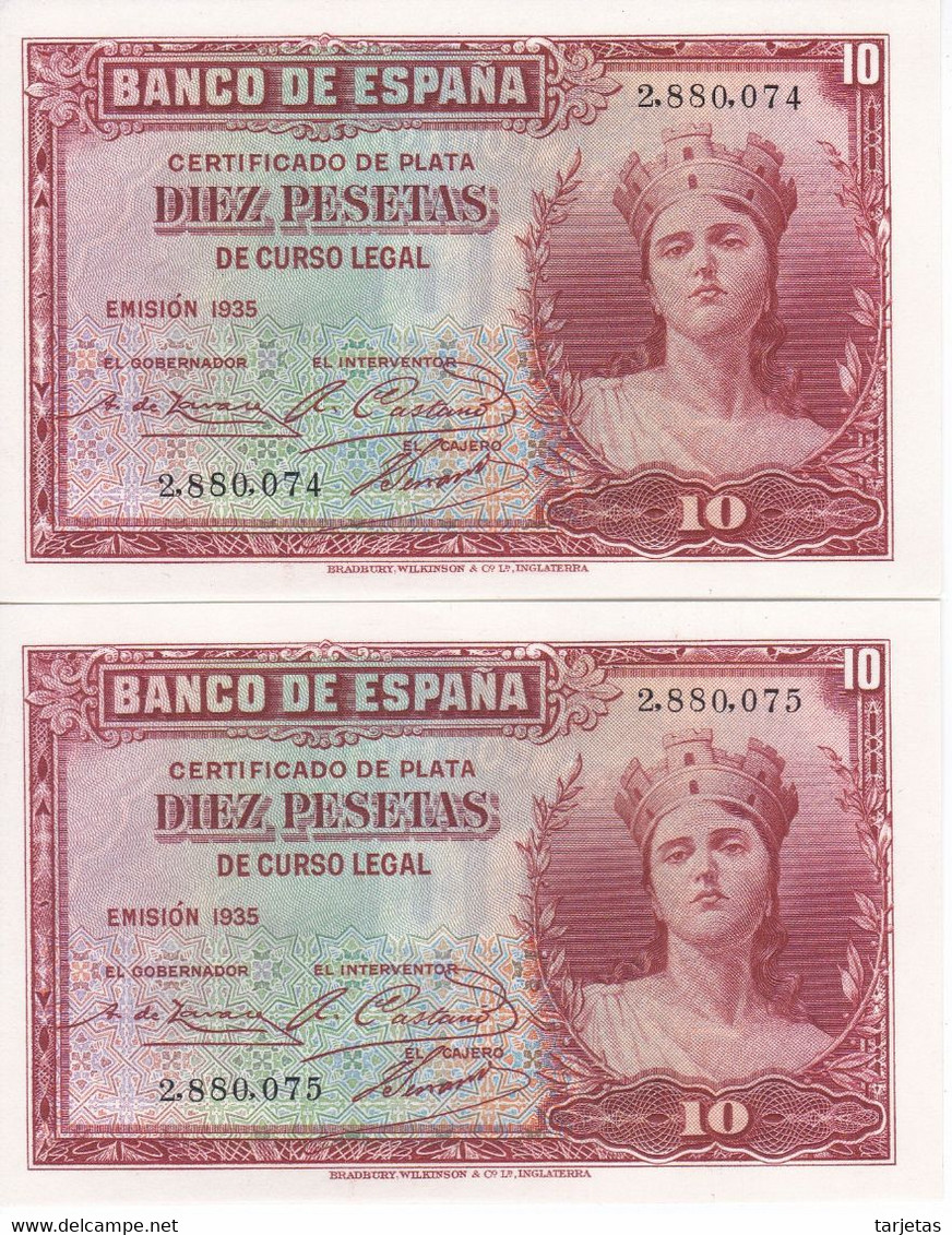 PAREJA CORRELATIVA DE 10 PESETAS DEL AÑO 1935 SIN SERIE SIN CIRCULAR (SC) CERTIFICADO DE PLATA - 10 Pesetas