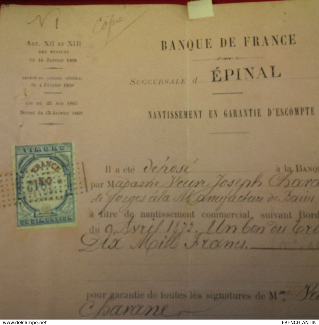 BANQUE DE FRANCE EPINAL 1872 TIMBRE DE DIMENSION 50C - 1871-1875 Ceres