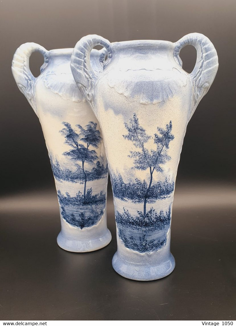 ✅ Paire Vases Faïence WASMUEL Thème Moulin  1960  Ht 29cm TBE #faitmain #madeinbelgium  #ceramique - Wasmuel (BEL)