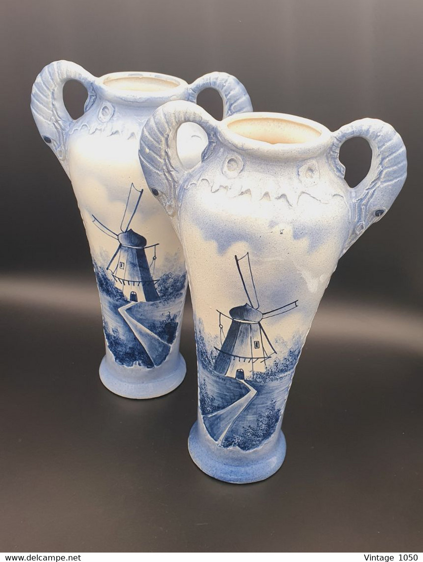 ✅ Paire Vases Faïence WASMUEL thème moulin  1960  ht 29cm TBE #faitmain #madeinbelgium  #ceramique