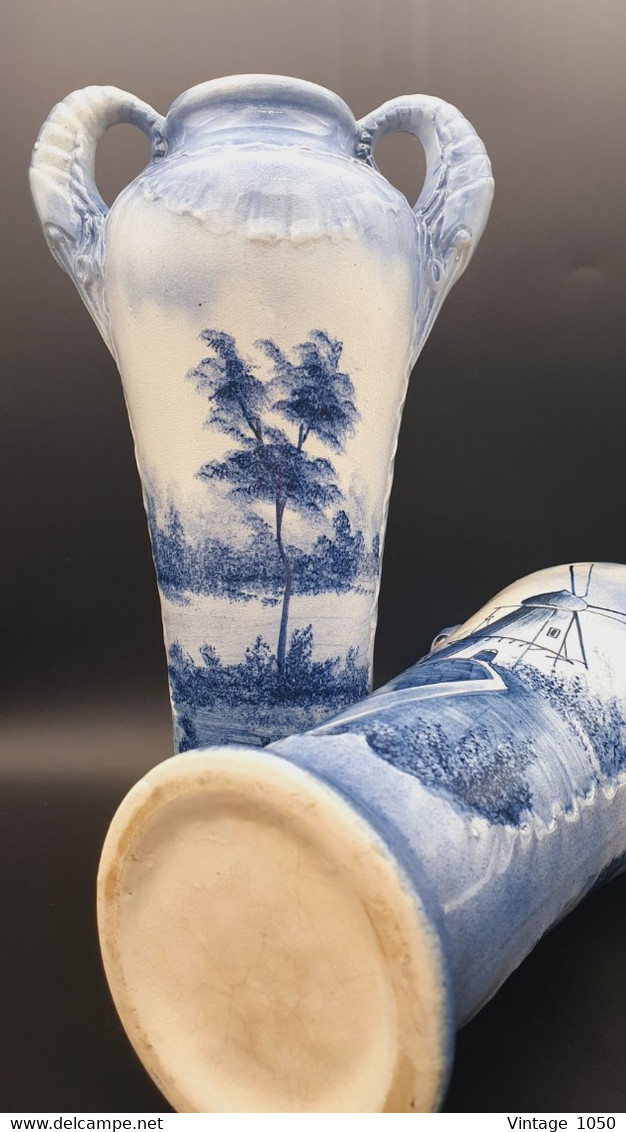 ✅ Paire Vases Faïence WASMUEL thème moulin  1960  ht 29cm TBE #faitmain #madeinbelgium  #ceramique