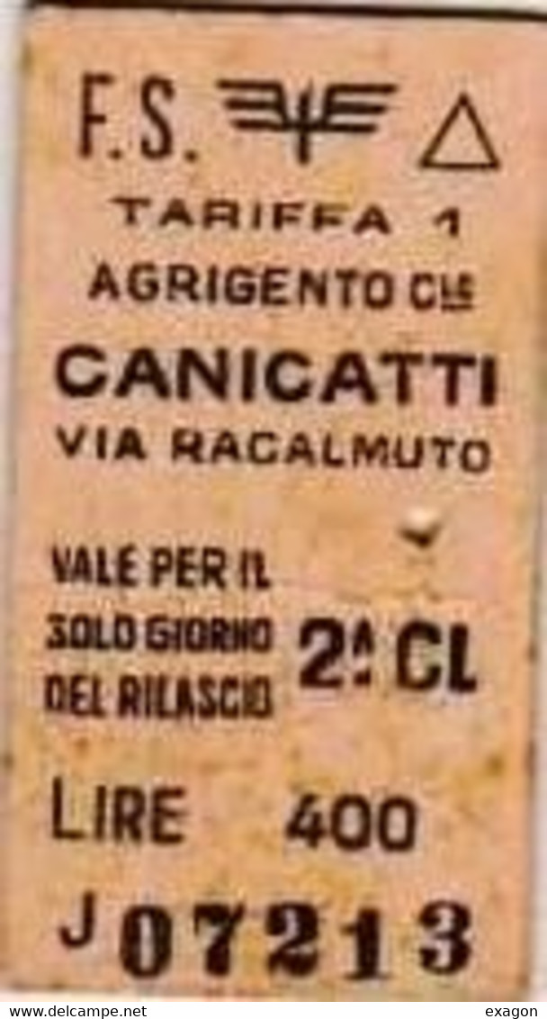 Biglietto Treno   -   AGRIGENTO CENTRALE  / CANICATTI' -   Del  22. 06.  1965 - Europa