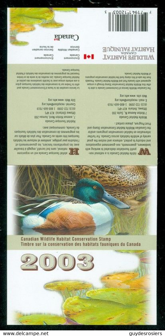 SOUCHET, Canard; Conservation Habitats Fauniques CANADA 2003 Wildlife Habitat Conservation SHOVELER Duck  (8435) - Local, Strike, Seals & Cinderellas