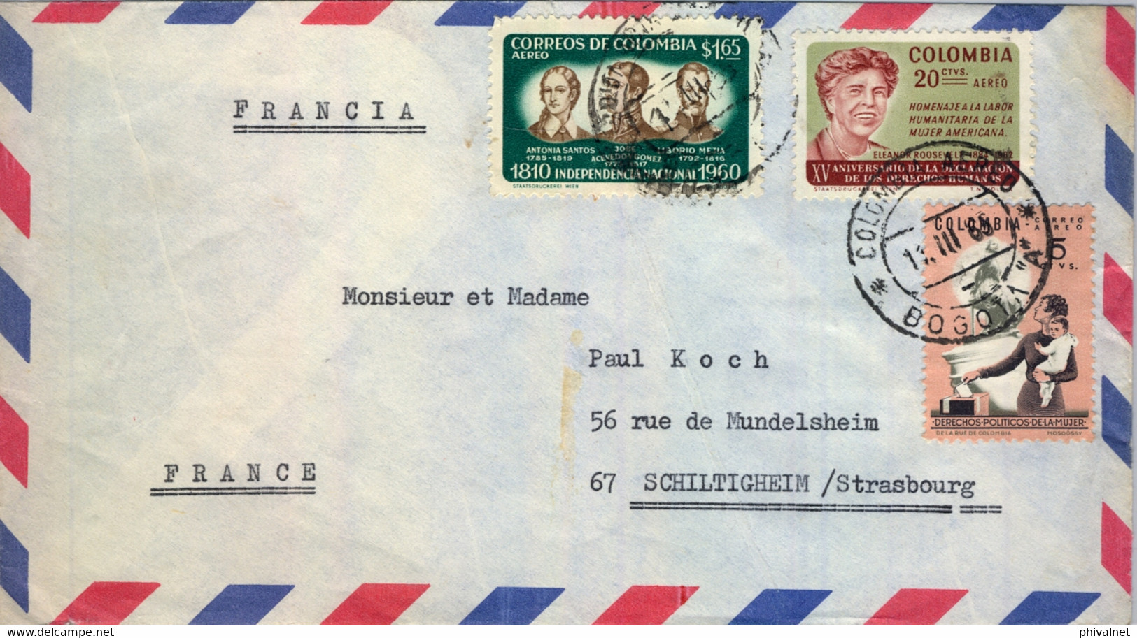 1965 COLOMBIA , SOBRE COMERCIAL CIRCULADO , BOGOTÁ - ESTRASBURGO , CORREO AÉREO , DERECHOS DE LA MUJER , INDEPENDENCIA - Colombia