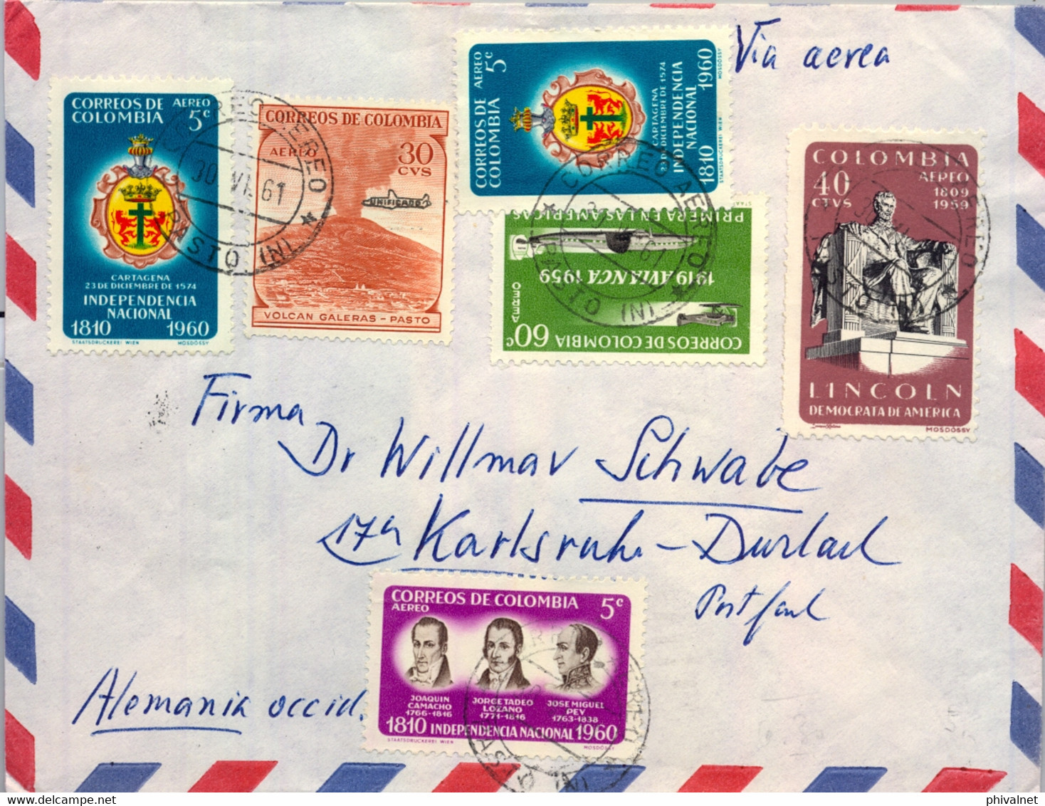 1961 COLOMBIA , SOBRE CIRCULADO , CORREO AÉREO , PASTO - KARLSRUHE , FRANQUEO MÚLTIPLE - Colombia