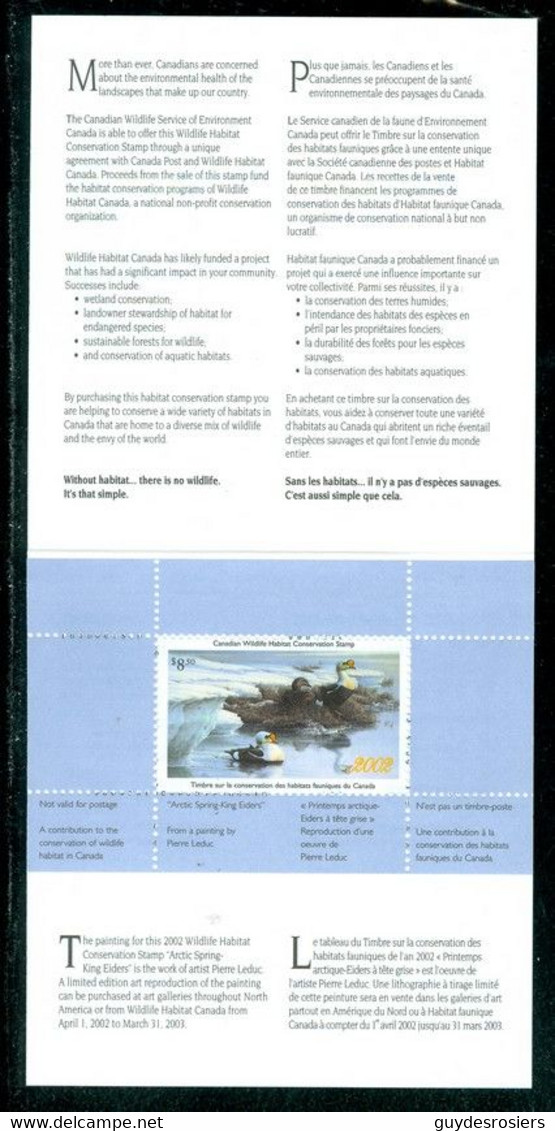 Canard; Conservation Habitats Fauniques CANADA 2002 Wildlife Habitat Conservation; Duck  (8437) - Viñetas Locales Y Privadas